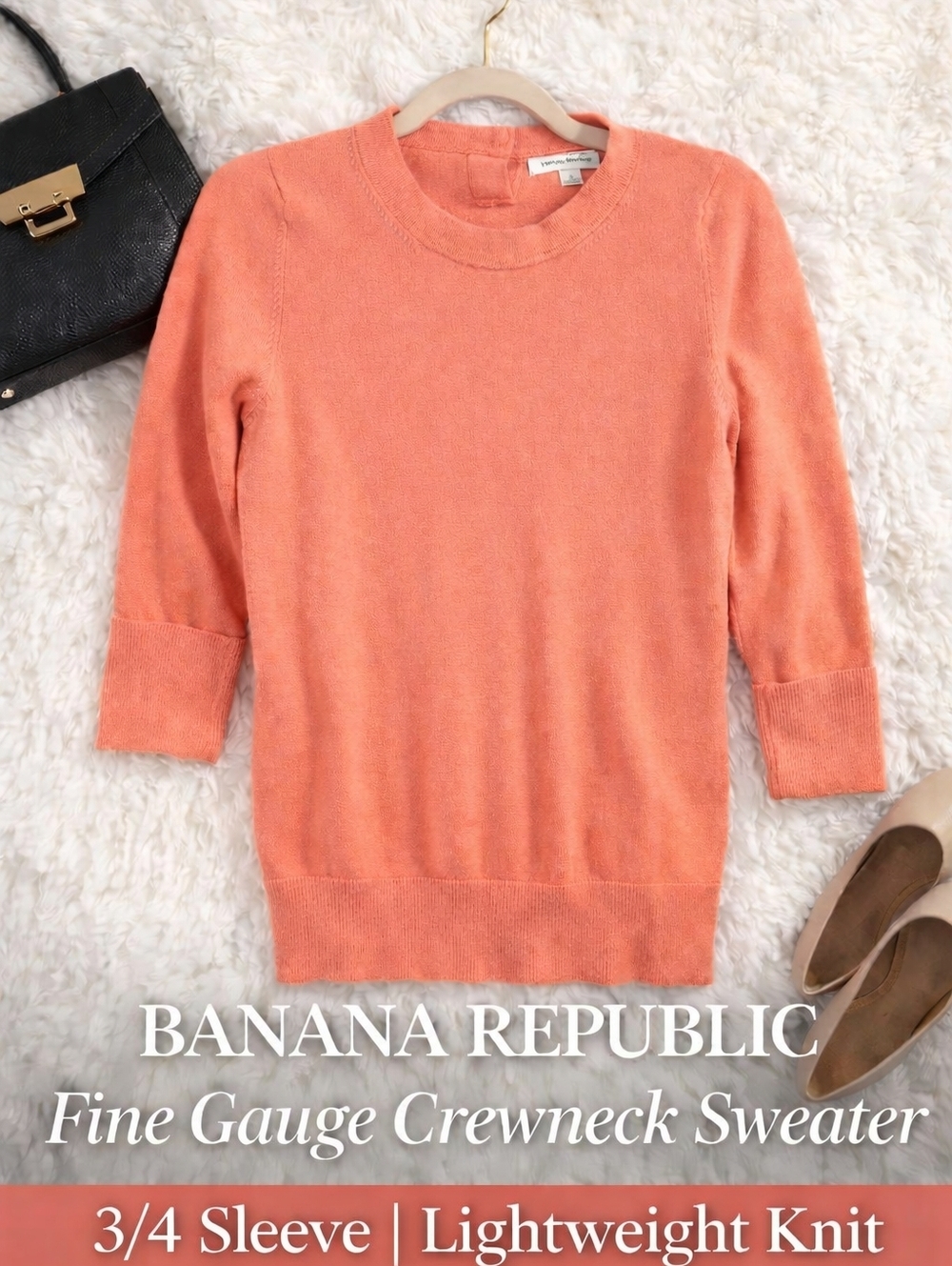 Banana Republic Coral Crewneck Sweater 3/4 Sleeve Lightweight Cotton Blend